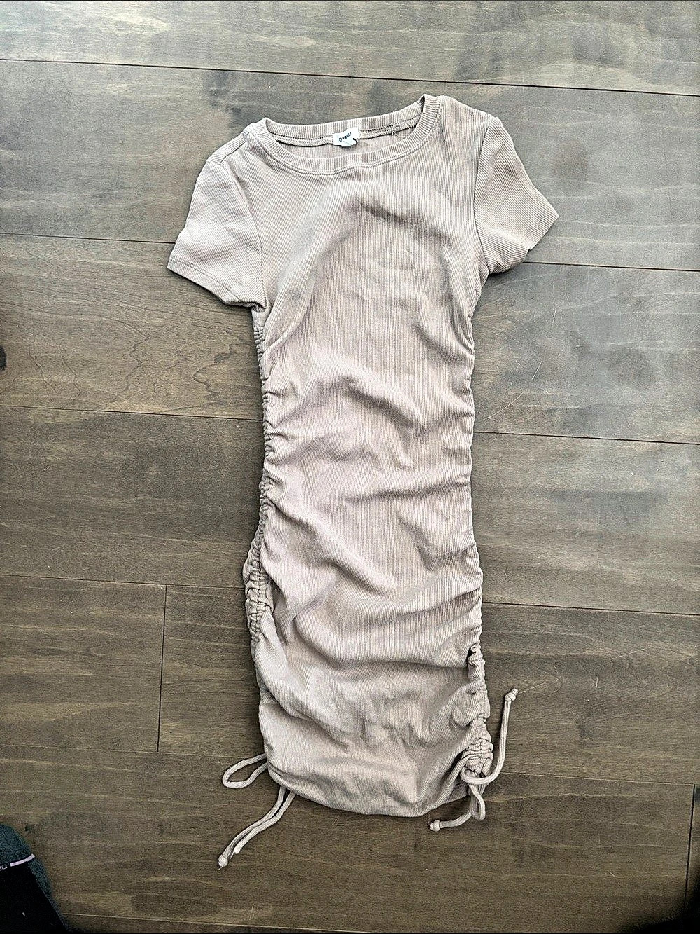 Garage Ribbed Side Cinch Tie Short Sleeve Minidress Brown P/S